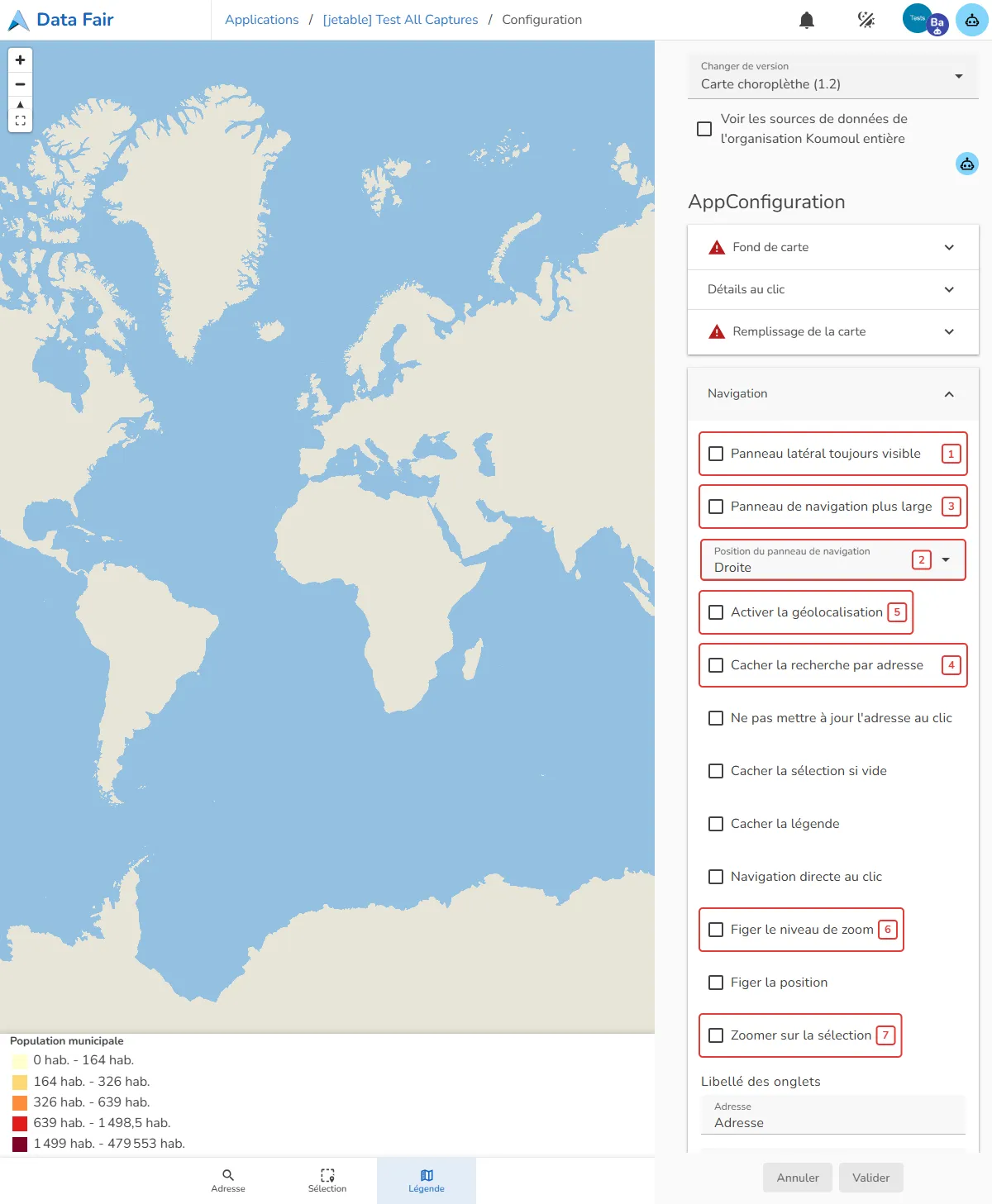 Options de la section Navigation