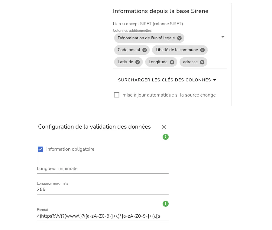 Enrichissement Sirene et configuration de la validation des données