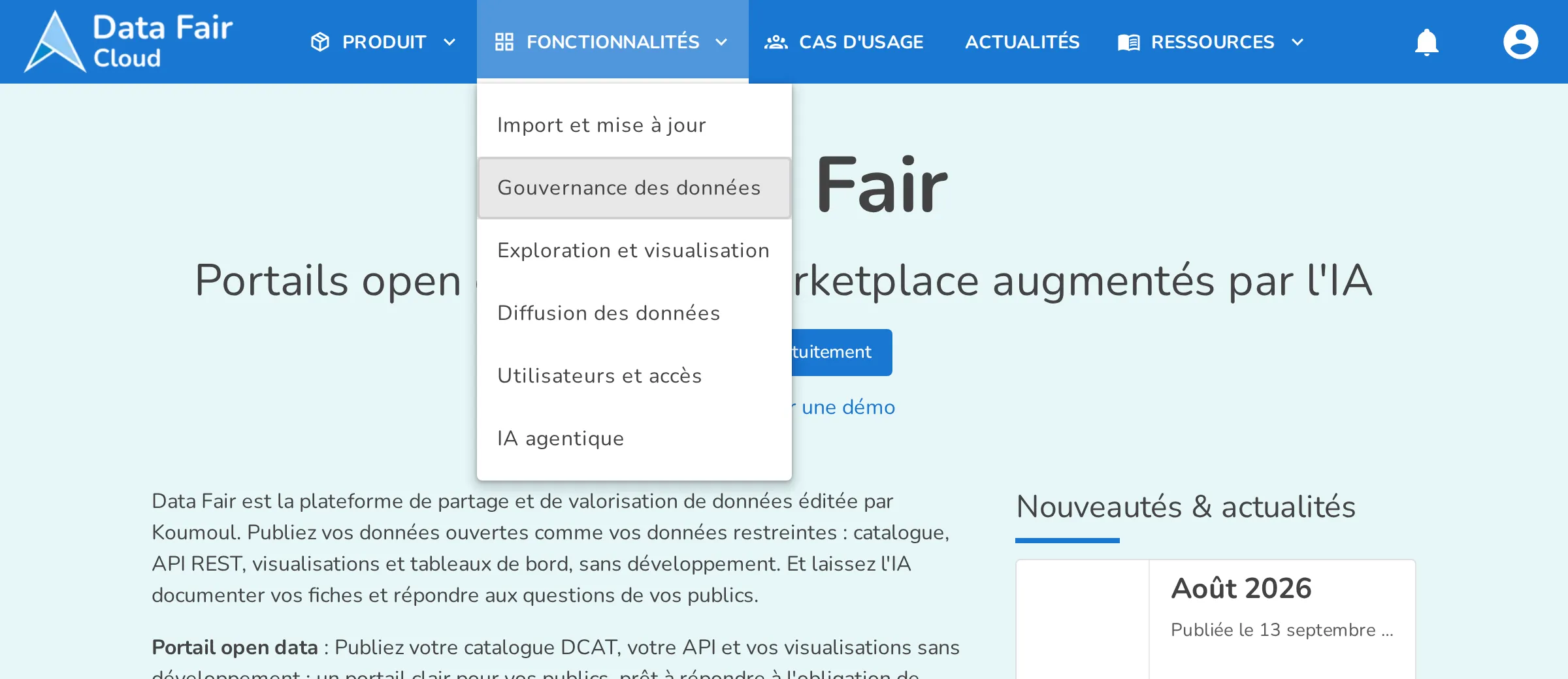 Menu déroulant d'un portail ouvert au clavier, élément actif mis en évidence