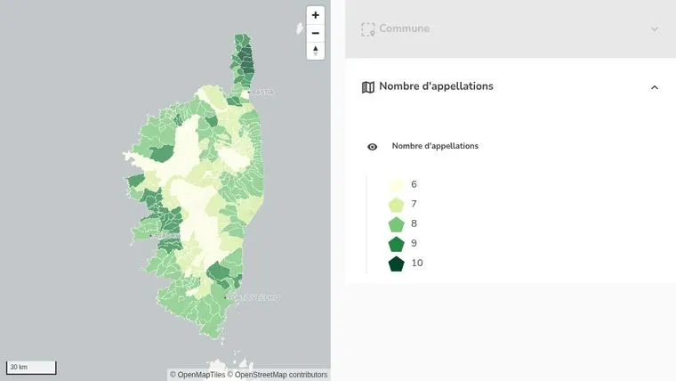 Application Cartographie : carte choroplèthe des communes de Corse et sa légende