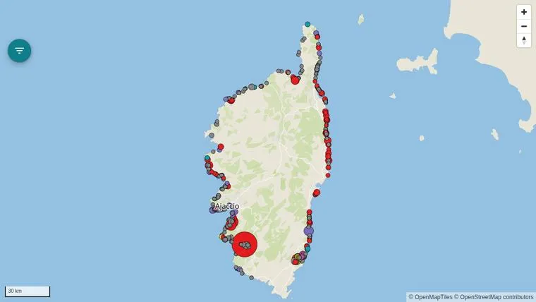 Application Cartographie : carte des mouillages forains en Corse, filtres et légende