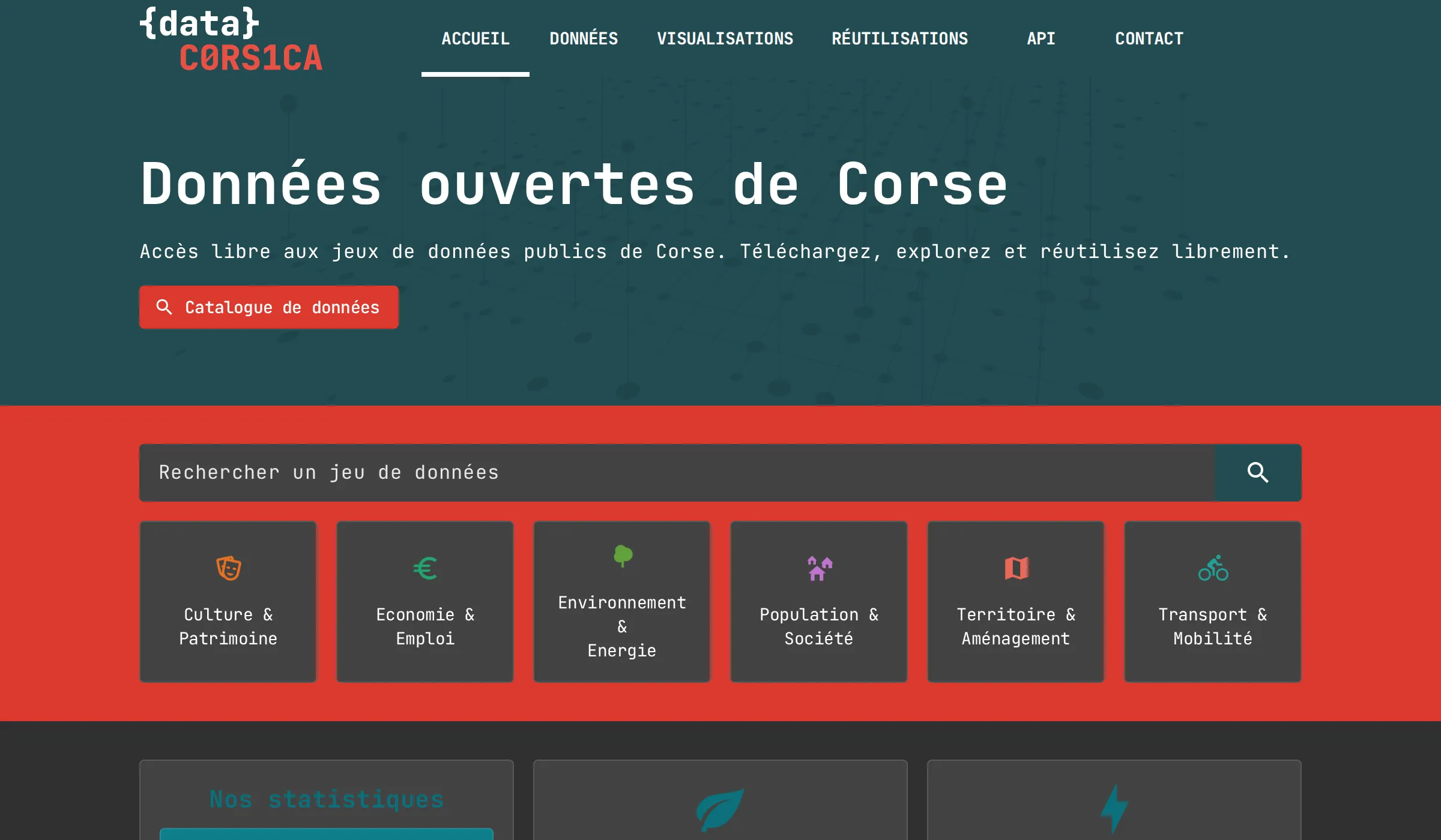 Accueil du portail data.corsica affiché en thème sombre